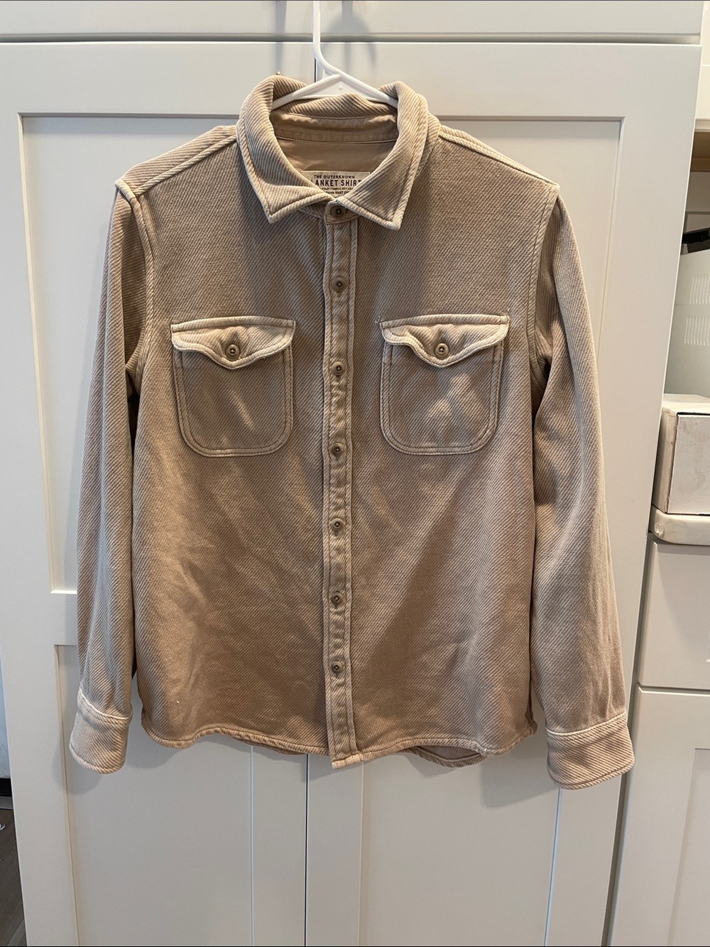 Outerknown Blanket Shirt Mens S Tan Vintage Wash Organic Cotton Twill Flannel